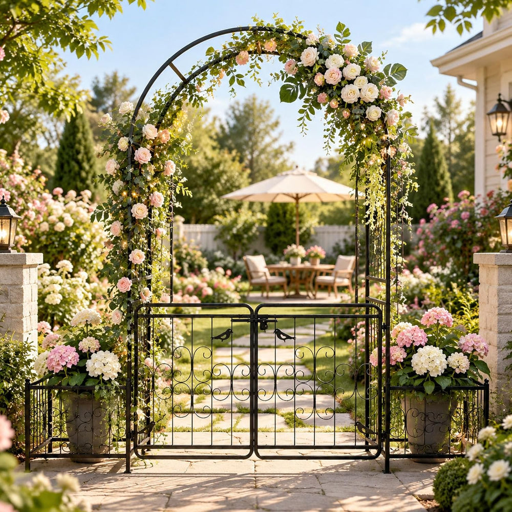 VINGLI Garden Arbor Arch with Gate and Planter Box, Wedding Arch Archway for ...