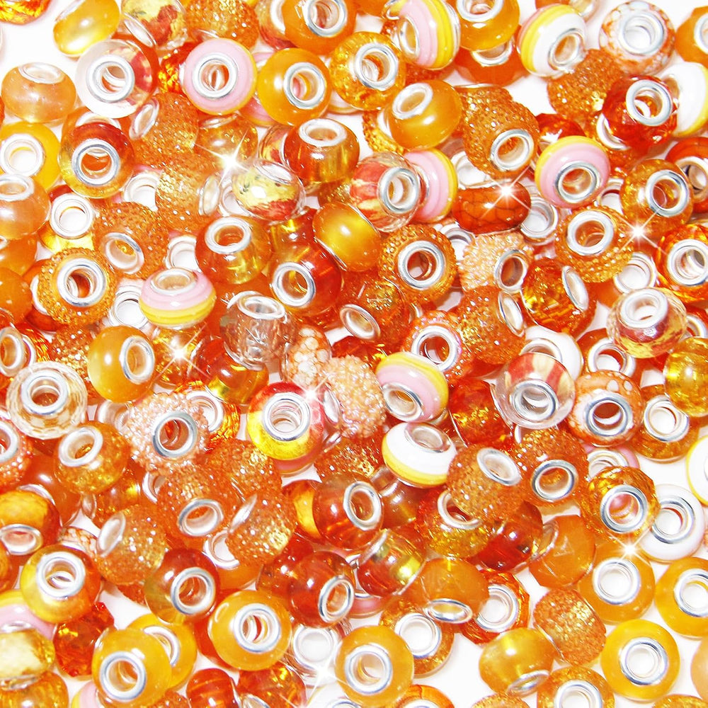 500 Pieces Large Hole Beads, Assorted European Craft Beads Orange Big Hole Fa...
