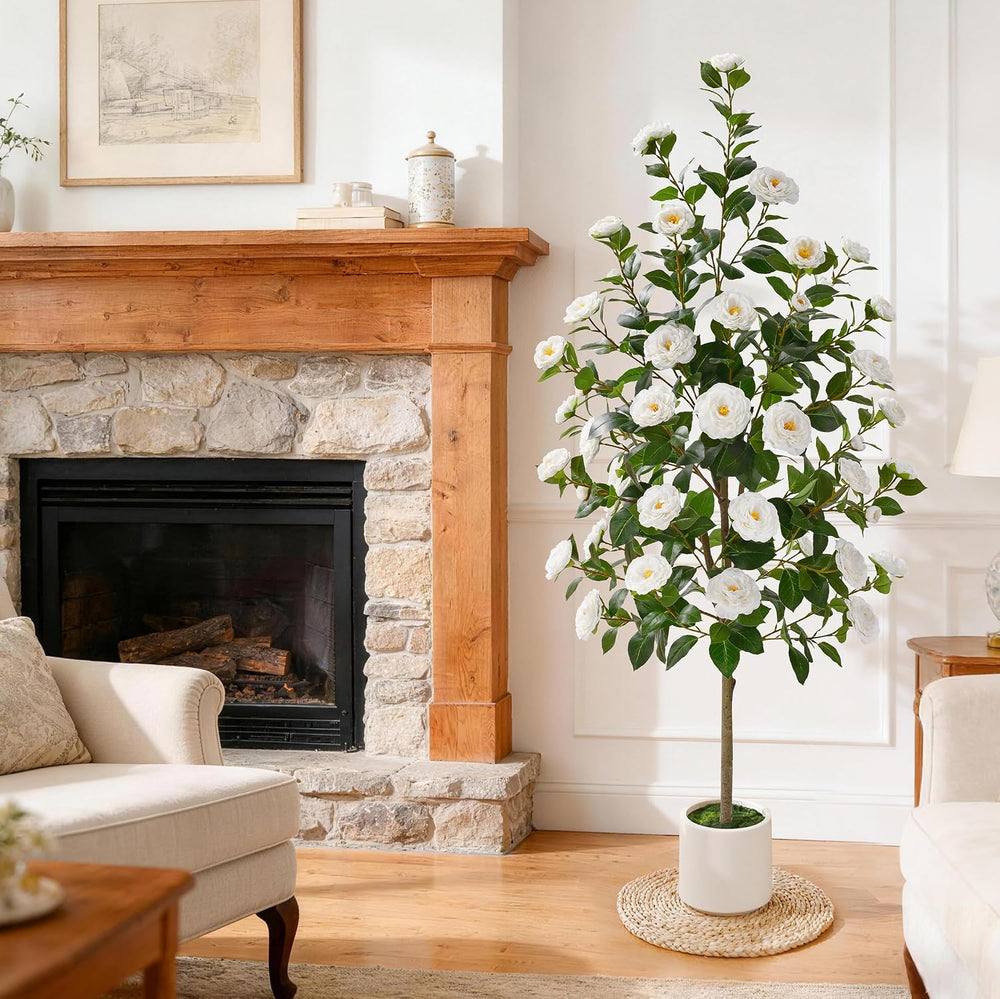 2 Pack 5 FT Artificial Camellia Tree, Artificial Tree Plants Outdoor