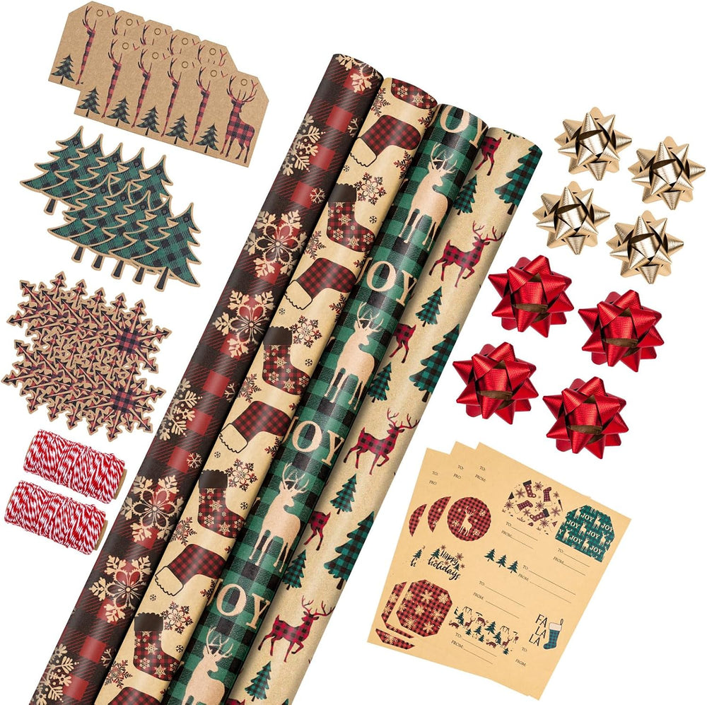 RUSPEPA Christmas Wrapping Paper Rolls with Tags, Jute String and Gift Wrap B...