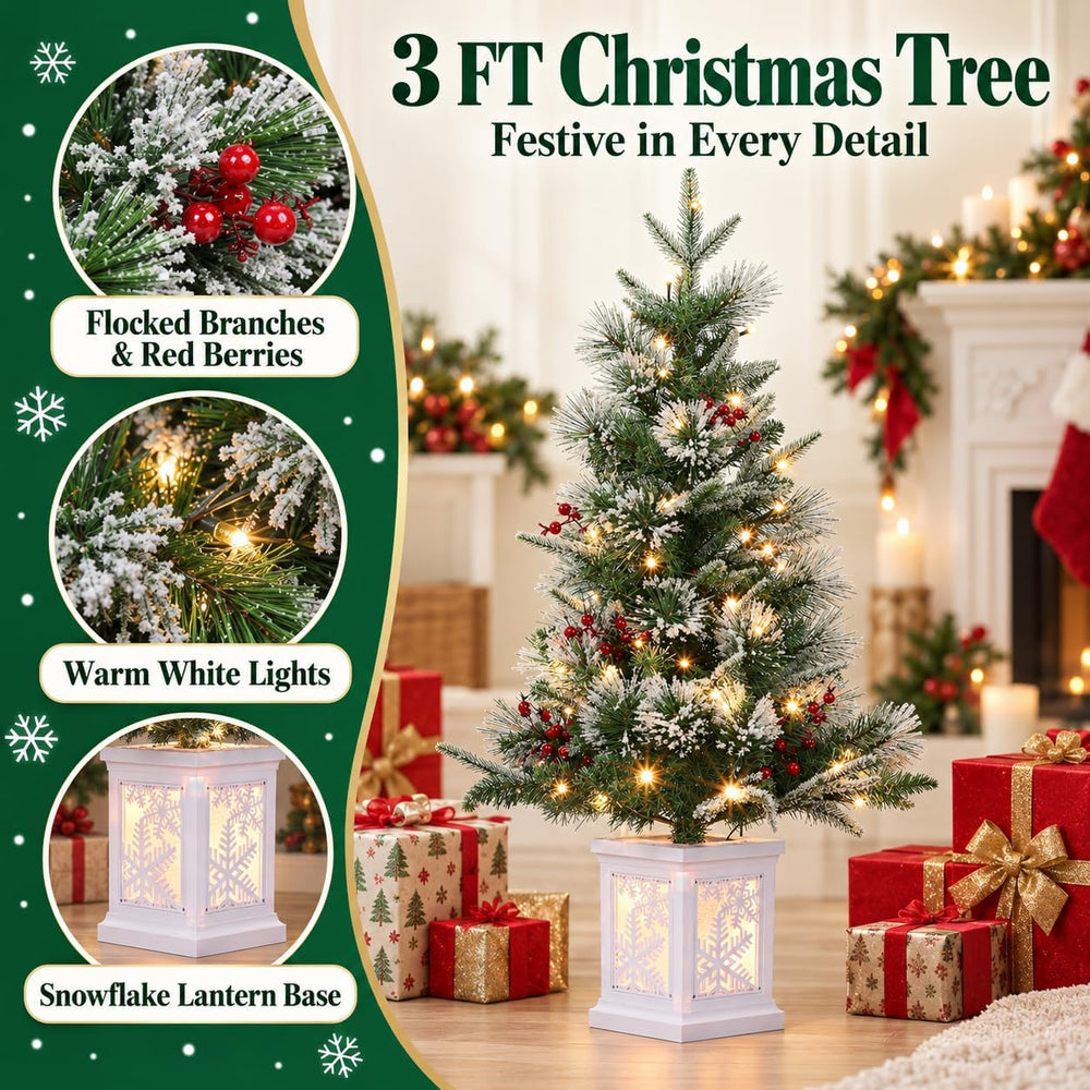 3 Ft Pre-Lit Christmas Tree, Artificial Christmas Tree with Base, Xmas Tree w...