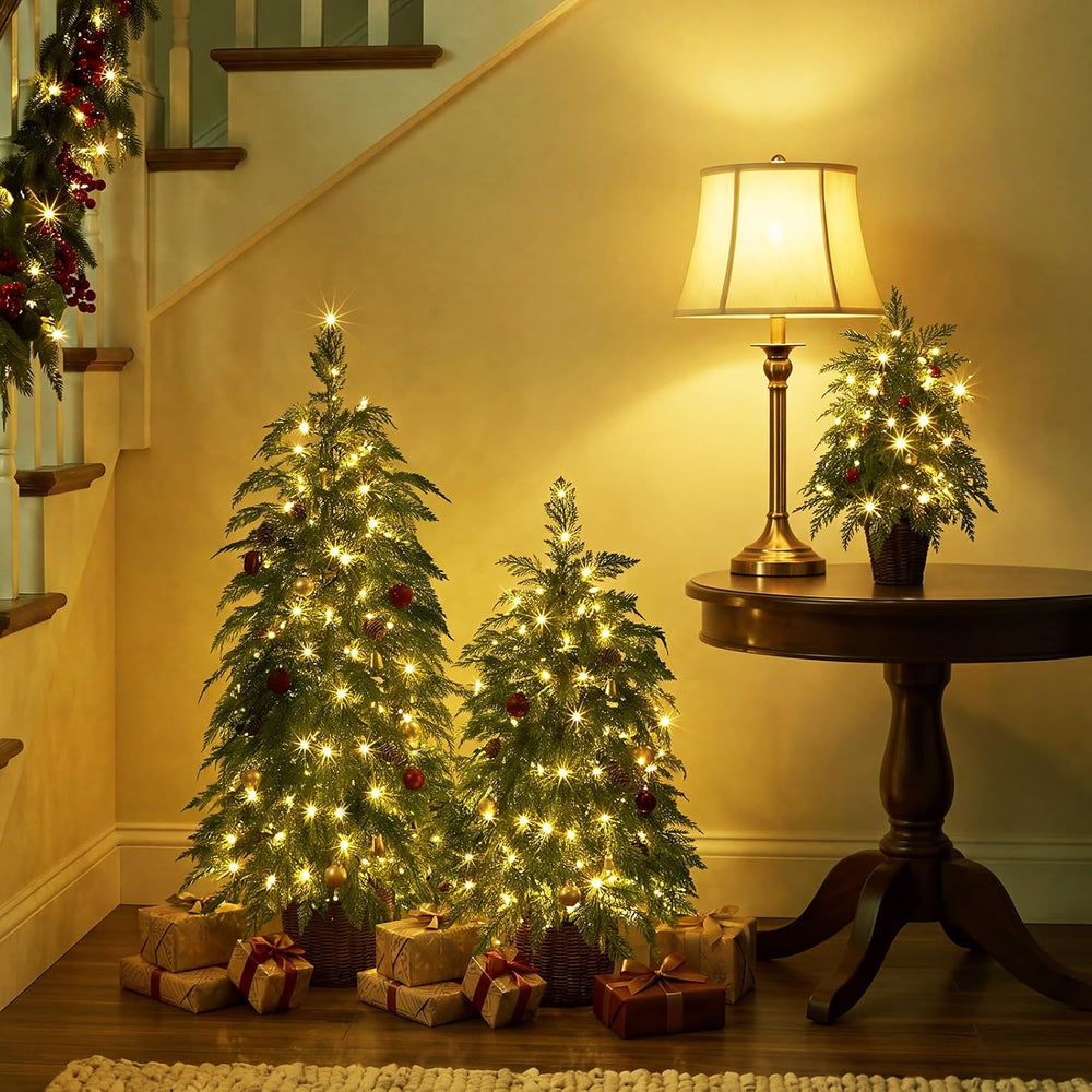 VeriNatural 2ft 3ft 4ft Prelit Twinkle Christmas Trees in Woven Baskets