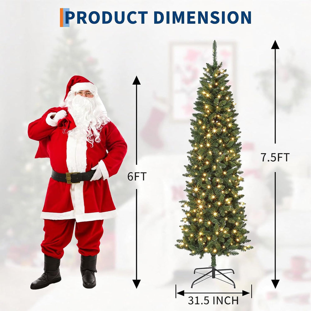7.5FT Pre-Lit Christmas Tree, Artificial Pencil Holiday Decoration with LED L...