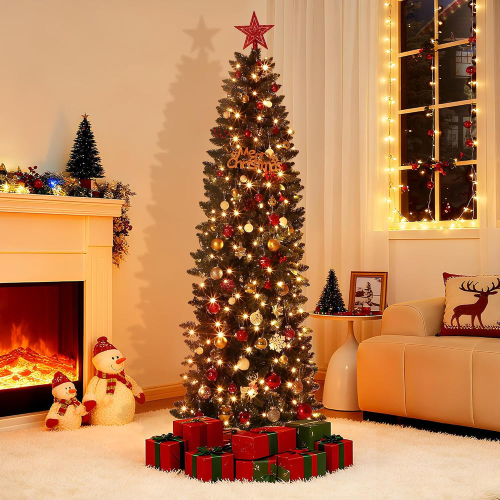 7.5FT Pre-Lit Christmas Tree, Artificial Pencil Holiday Decoration with LED L...