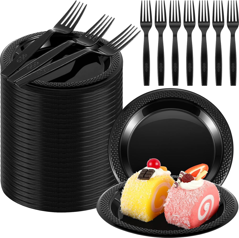 Hushee 600 Pcs Black Plastic Dessert Plates 6'' with Forks 7''...