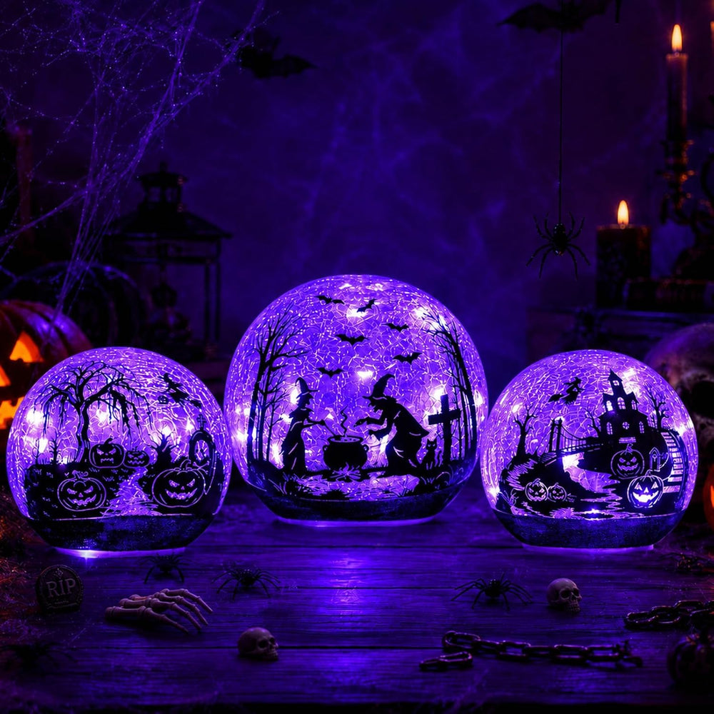 NEEDOMO Halloween Decorations Indoor, 3 Pack Witch Crackle Glass Globe Purple...