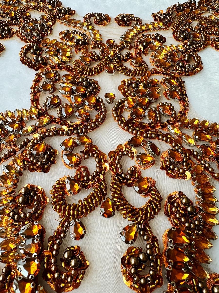 Handmade Rhinestones lace Trim Patches handsewing Beads Applique for Dress DI...