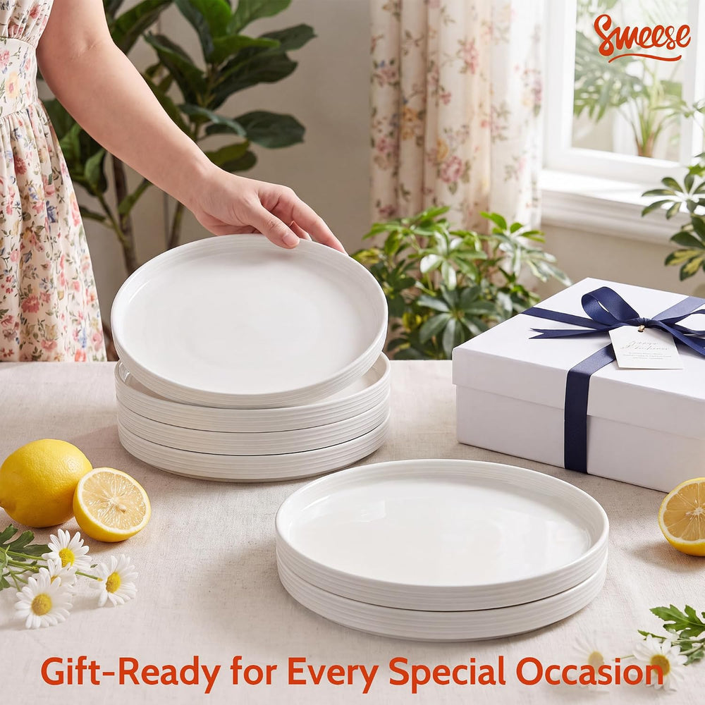 Sweese 7.8Inch Porcelain Flat Modern Dessert Small Plates Set of 6, White