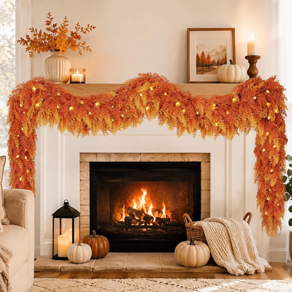 Thanksgiving Decorations, 9 FT Fall Cedar Garland with Lights for Mantle