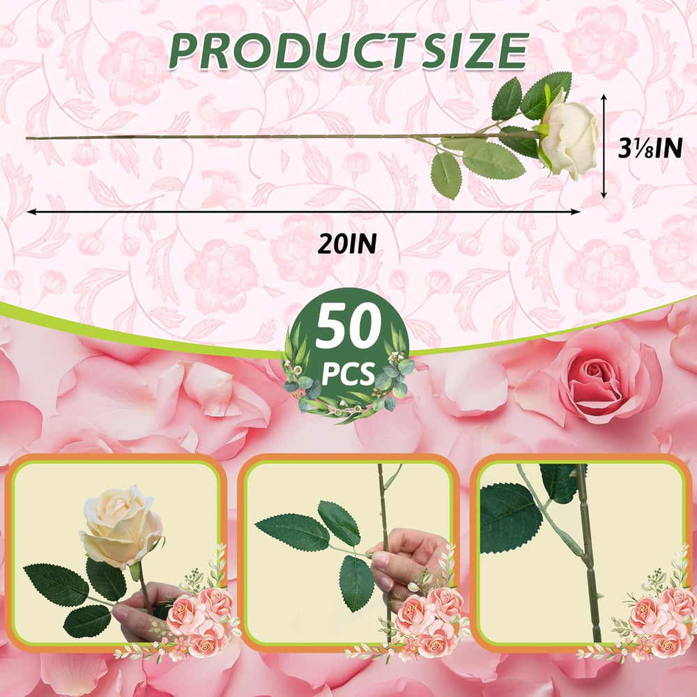 50PCS Artificial Champagne Roses Bulk Realistic Fake Flowers with Long Stem