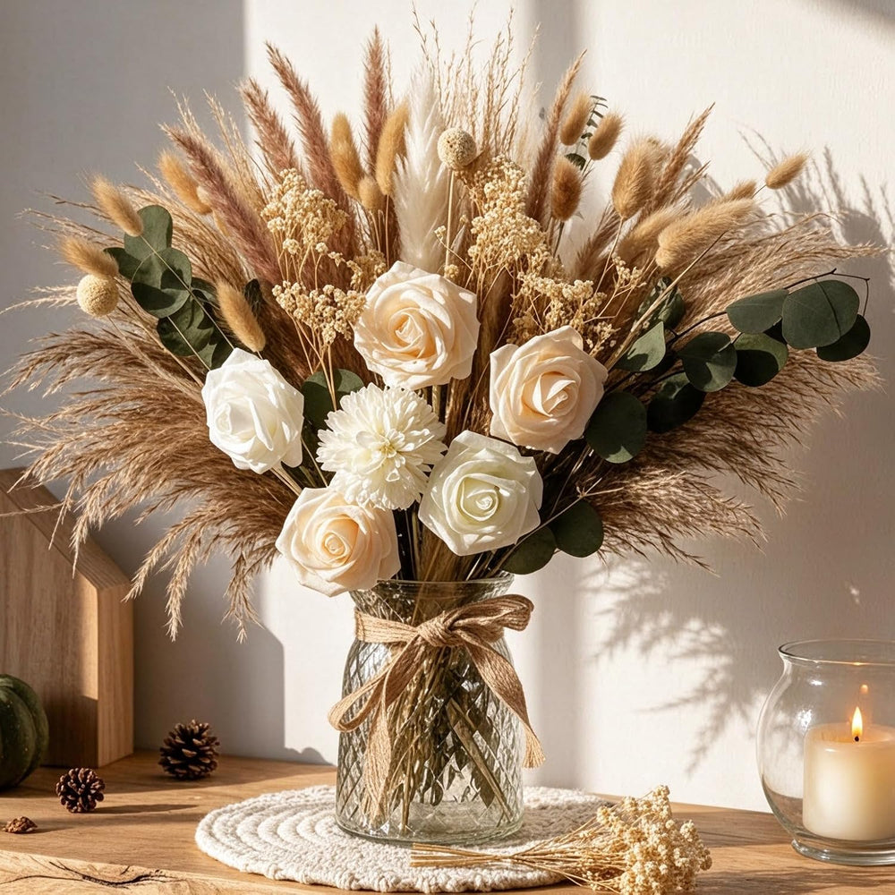 Indoor Artificial Dried Flowers with Vase Pampas Grass Bouquet