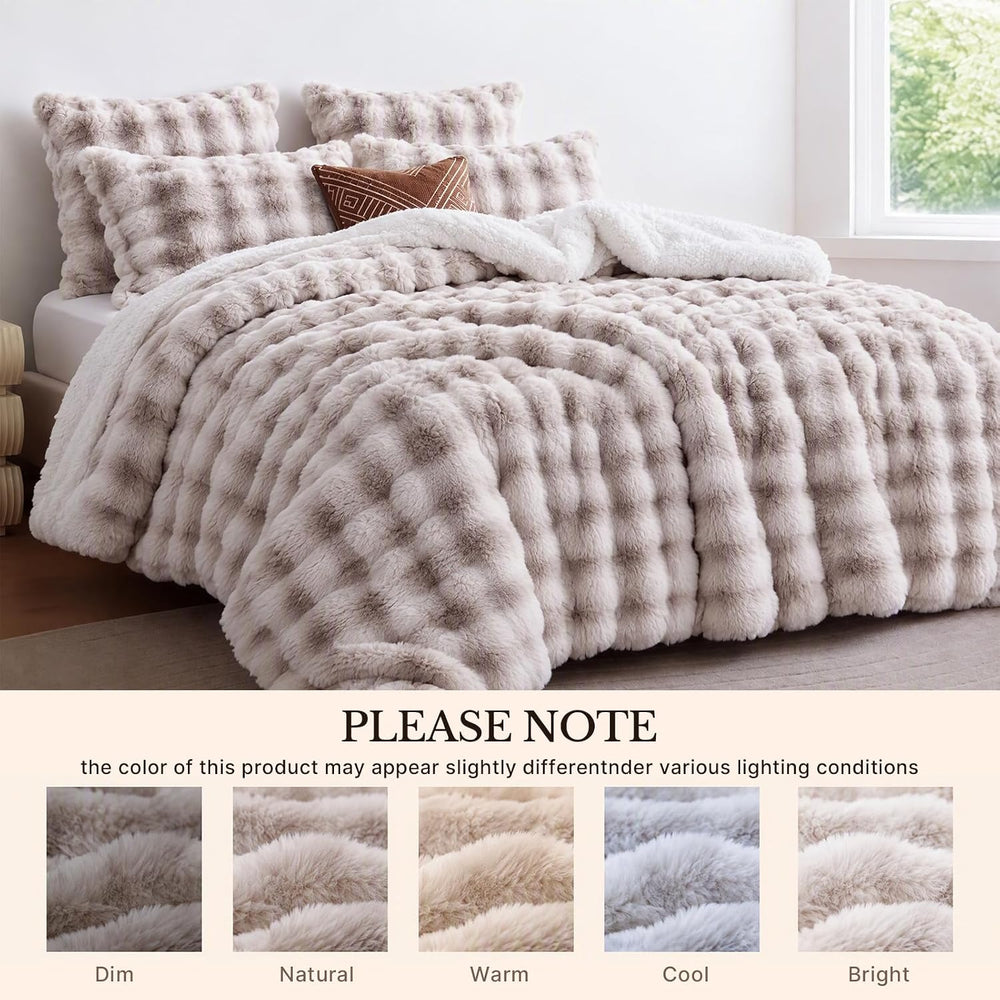DAICO Fluffy Faux Rabbit Fur Bubble Comforter Set King Size Tie Dyed Taupe