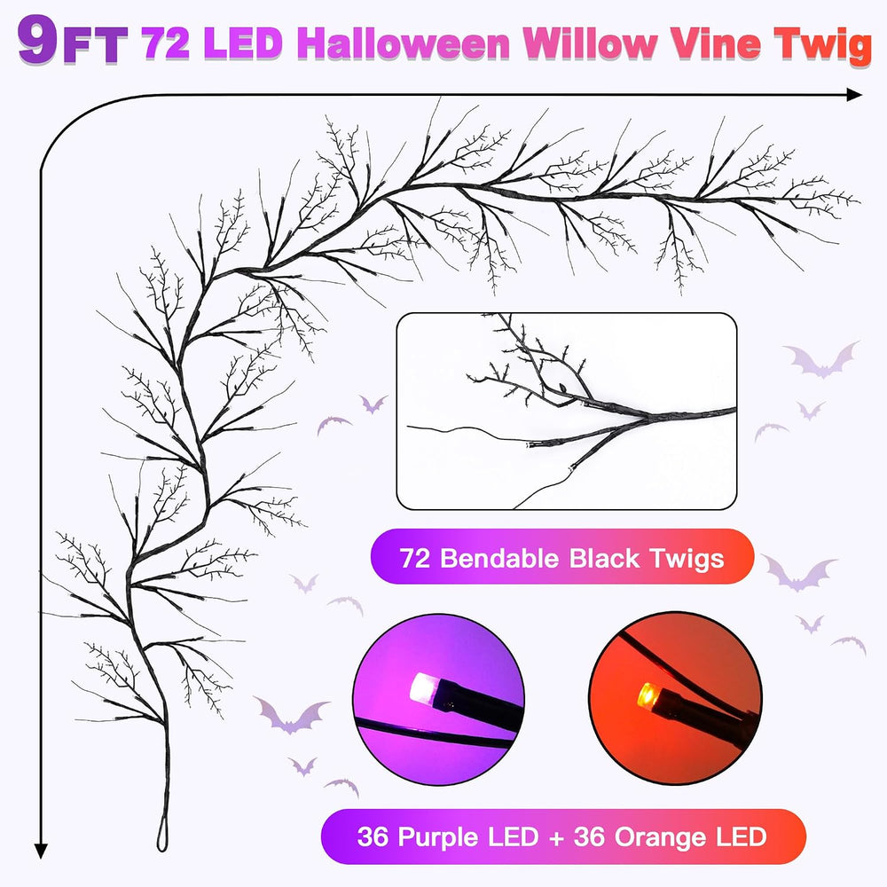 9FT 72 LED Willow Vine Twig Decorations Black Halloween Garland with Orange &...