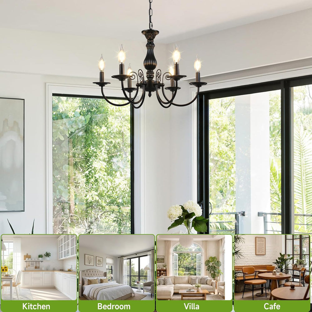 6-Light Farmhouse Chandelier for Dinning Room,Vintage Black Candle Hanging Pe...