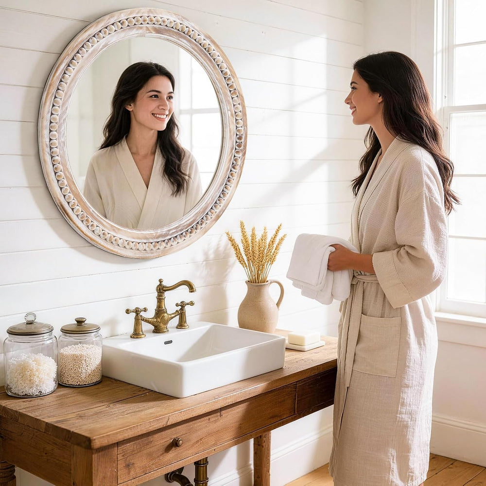 27 Inch Wooden Round Beaded Wall Mirror,Farmhouse Wood Round Mirror
