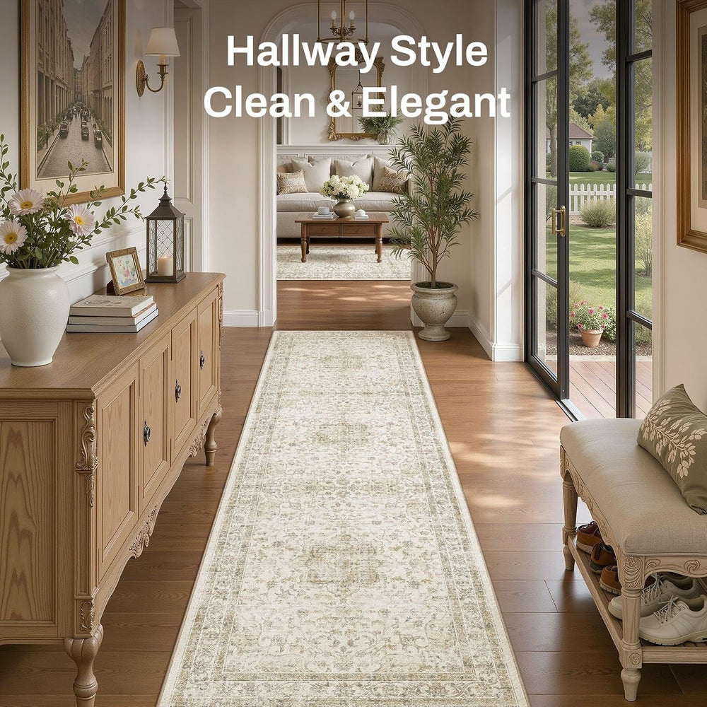 Washable 3x8 Runner Rug: Non Slip Soft Vintage Beige Entry Area Rug