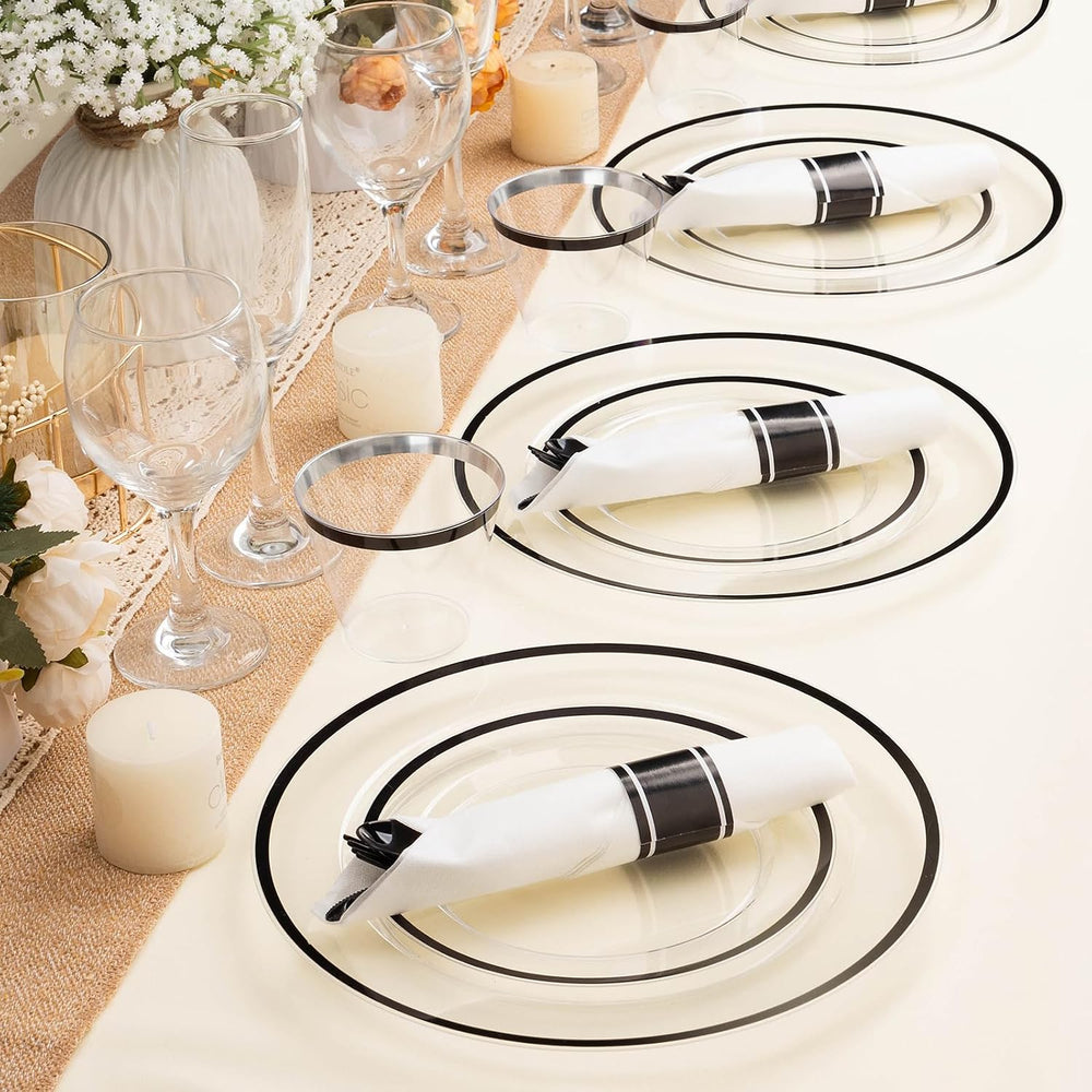 BESTSTAR 350 PCS Clear and Black Disposable Plastic Plate Set for 50 Guests