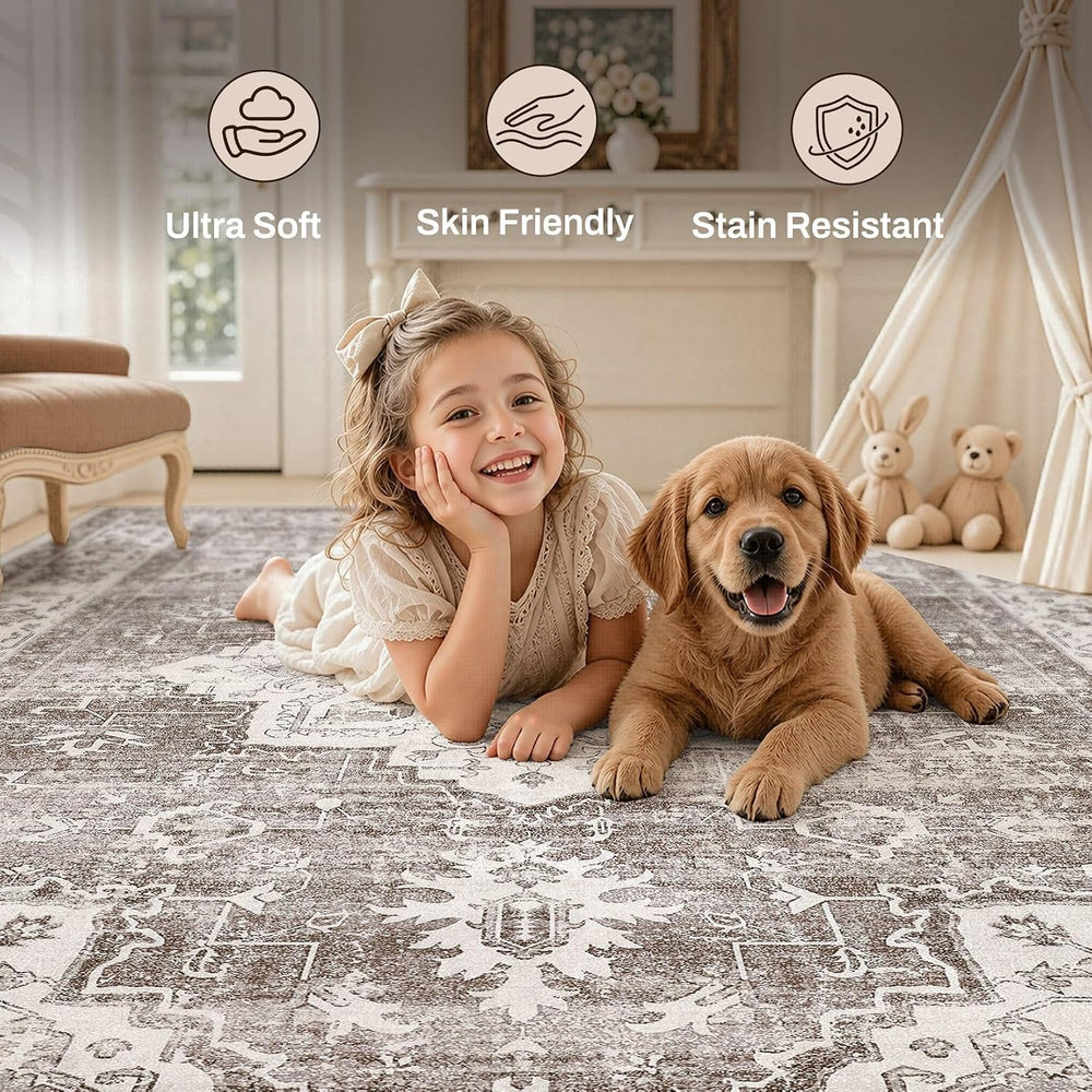 Washable 3x8 Runner Rug: Non Slip Vintage Tea Brown Entry Area Rug