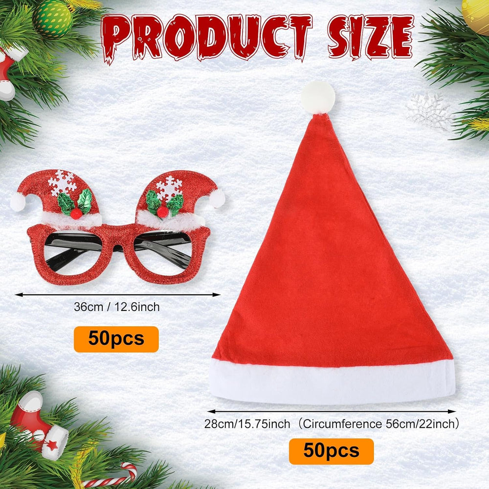 Hiboom 100 Piece Bulk Santa Hat Glasses Costume Set