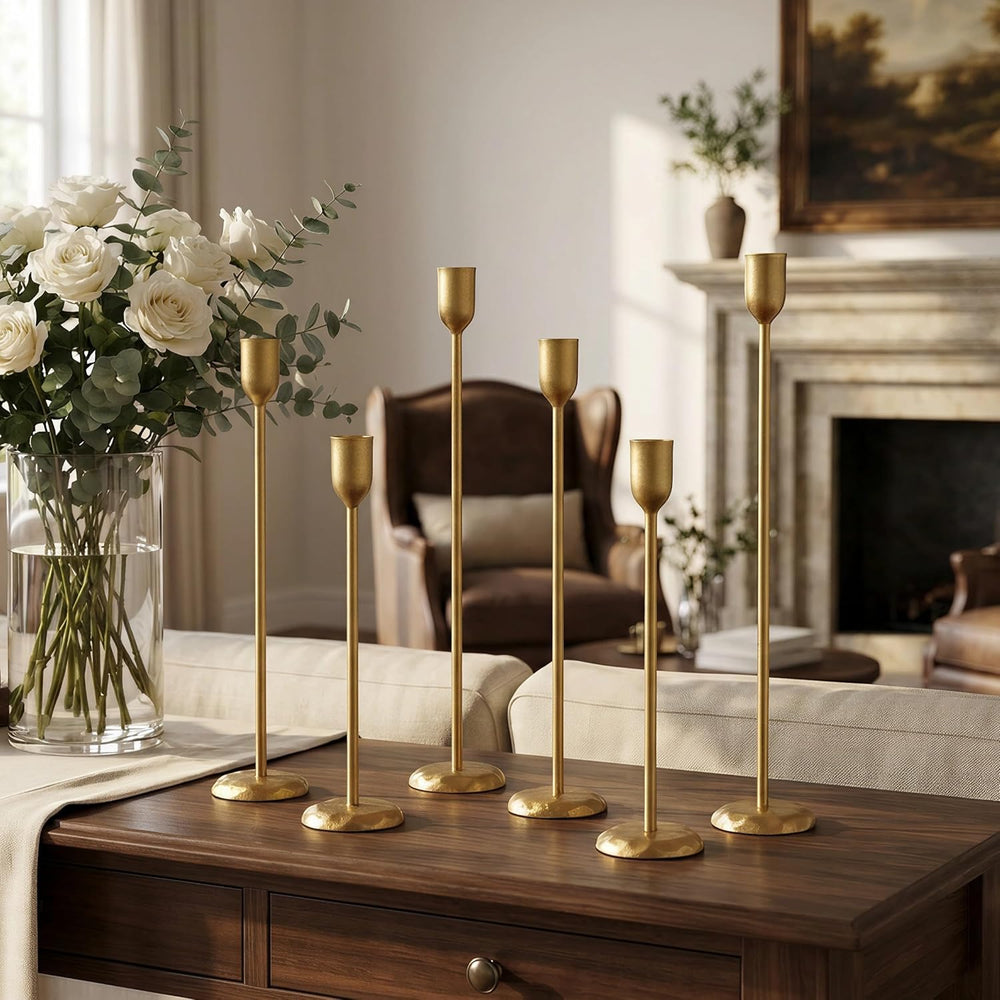 Brass Candlestick Holders Set of 6 - Antique Gold Iron Candle Holders for Chr...