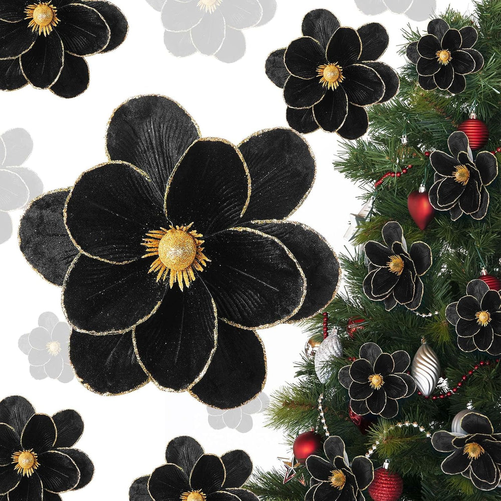 12 Pcs Large Velvet Christmas Poinsettia Magnolia Flowers Ornaments Glitter B...