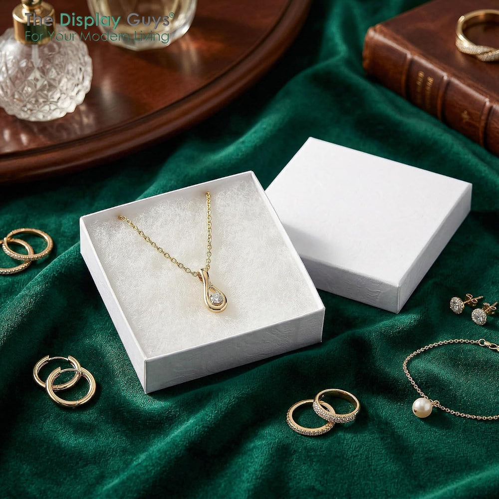 TheDisplayGuys 100 Cardboard Jewelry Gift Boxes with Inserts - White Swirl
