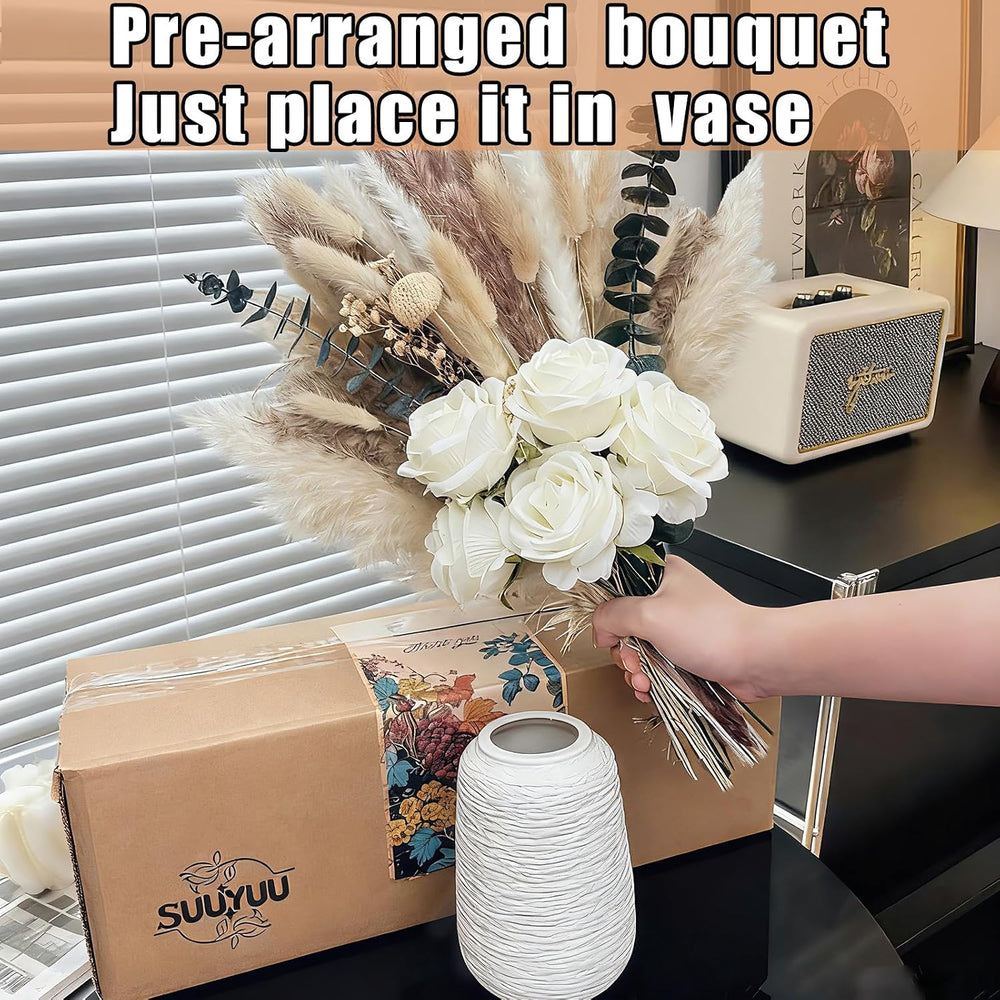 100 Pcs Pampas Grass with Vase, Boho Dried Flowers Table Centerpiece