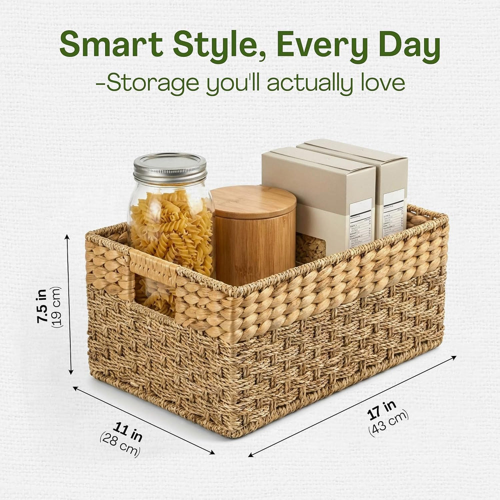 Large Wicker Storage Basket with Handles, Seagrass Hyacinth, 17x11 x7.5 in