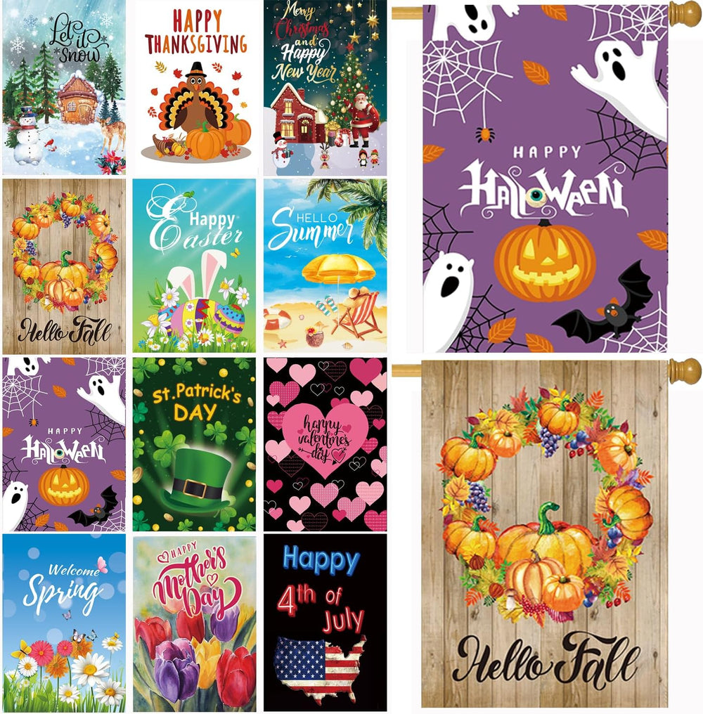 Seasonal Garden Flags Set of 12, Double Sided 28 x 40 Inch Yard Flag