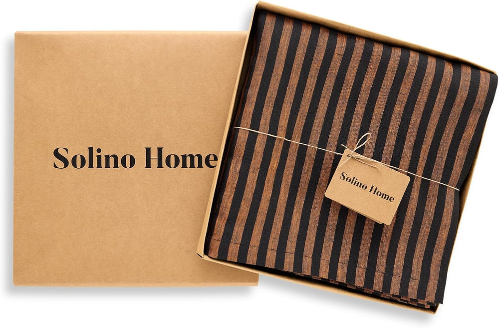 Solino Home 100% Linen Tablecloth, 60 x 120 in, Pumpkin and Black Striped