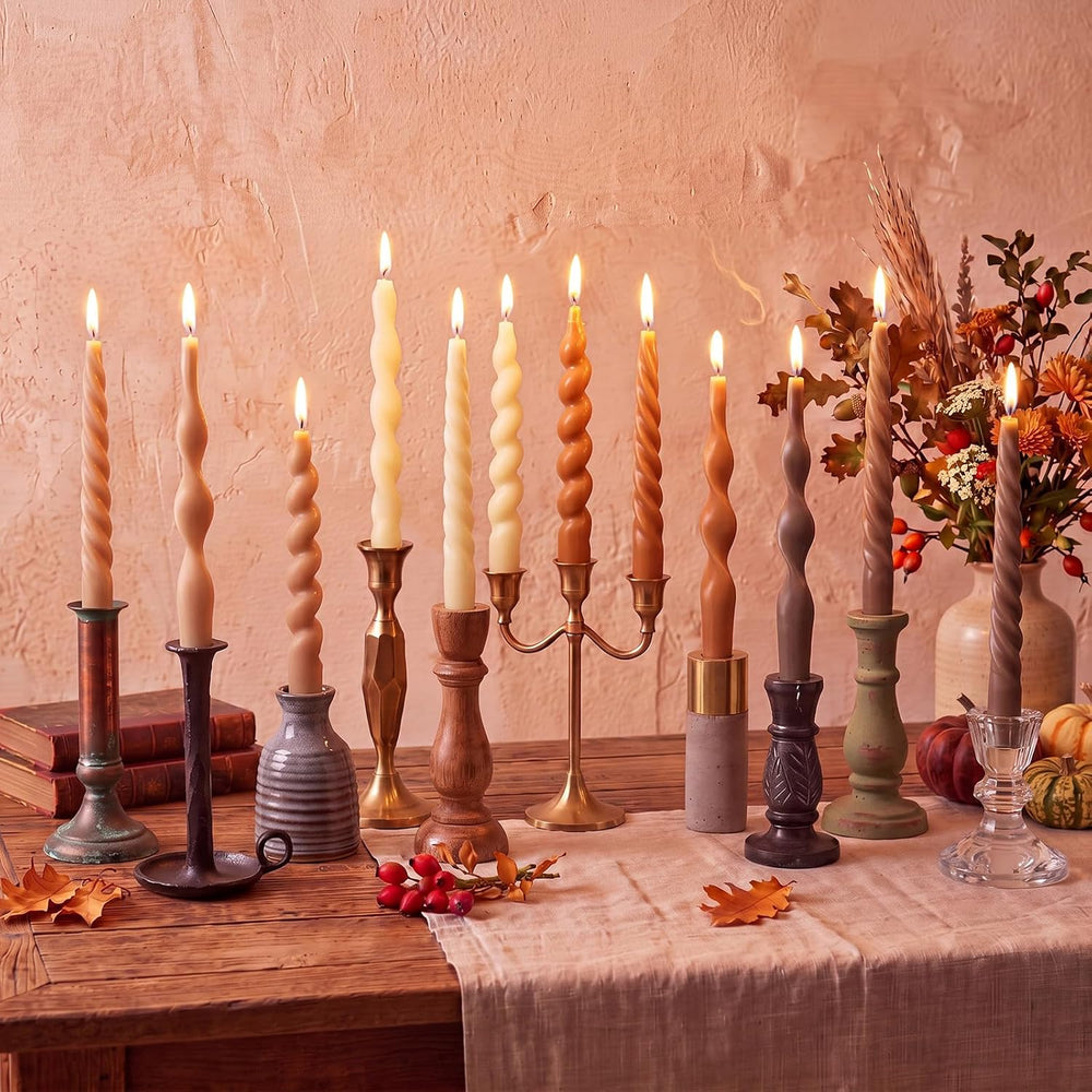 Nuanchu 12 Pcs Fall Spiral Taper Candles 7.5" Beige Twisted Candlesticks