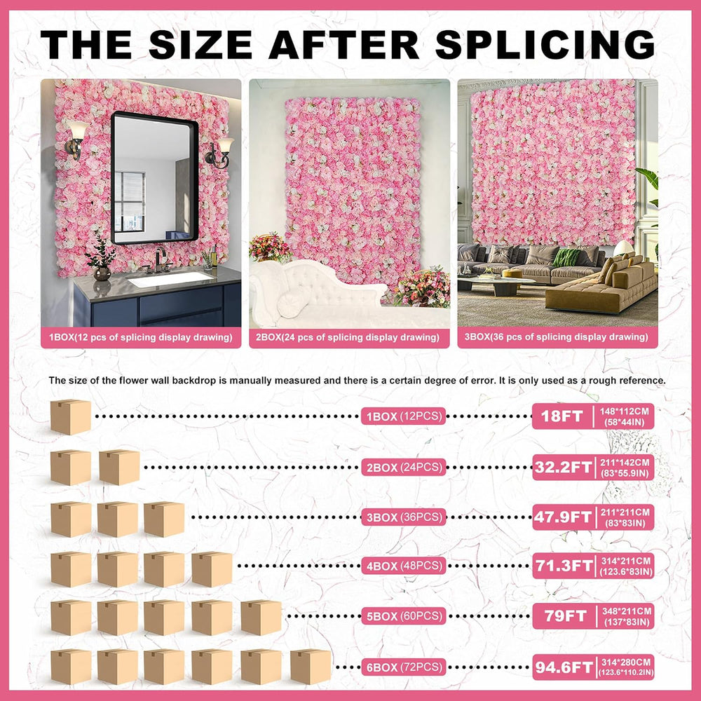 Flower Wall Backdrop 12pcs 16.5"x16.5"Artificial Floral Panels-Pink
