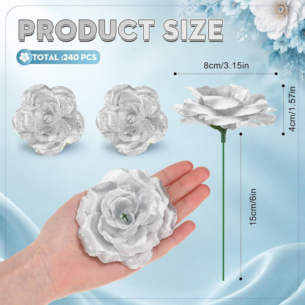 Yunlly 240 Pcs Silver Artificial Flower Silk Rose Head Flower with Stem