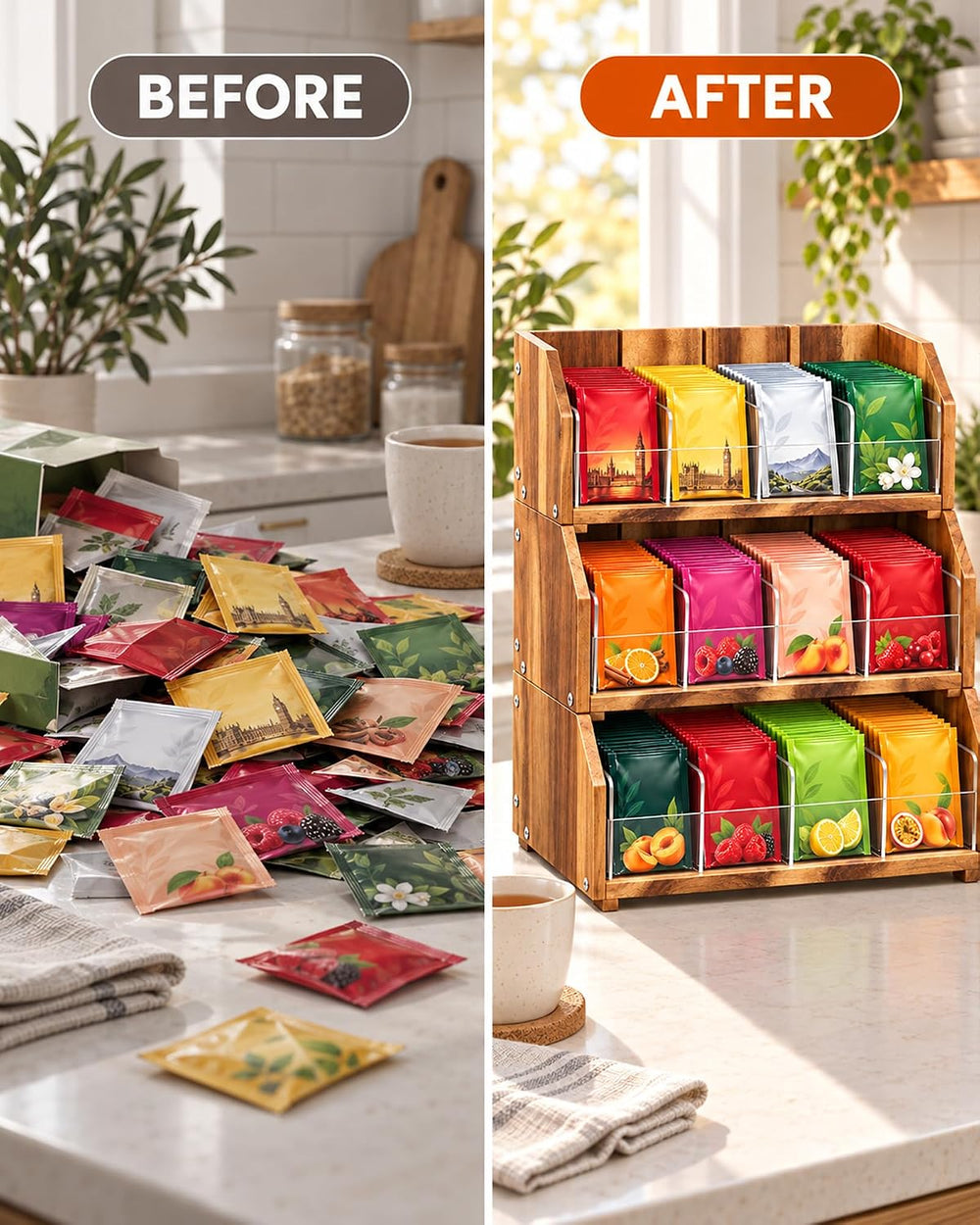 Solid Acacia Wood Tea Bag Organizer, 3 Tiers in Large, Medium & Small