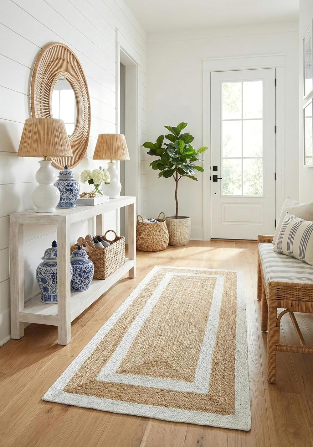 Double Border Jute Runner Rug, Off White, 2'6"x8' Boho Farmhouse...