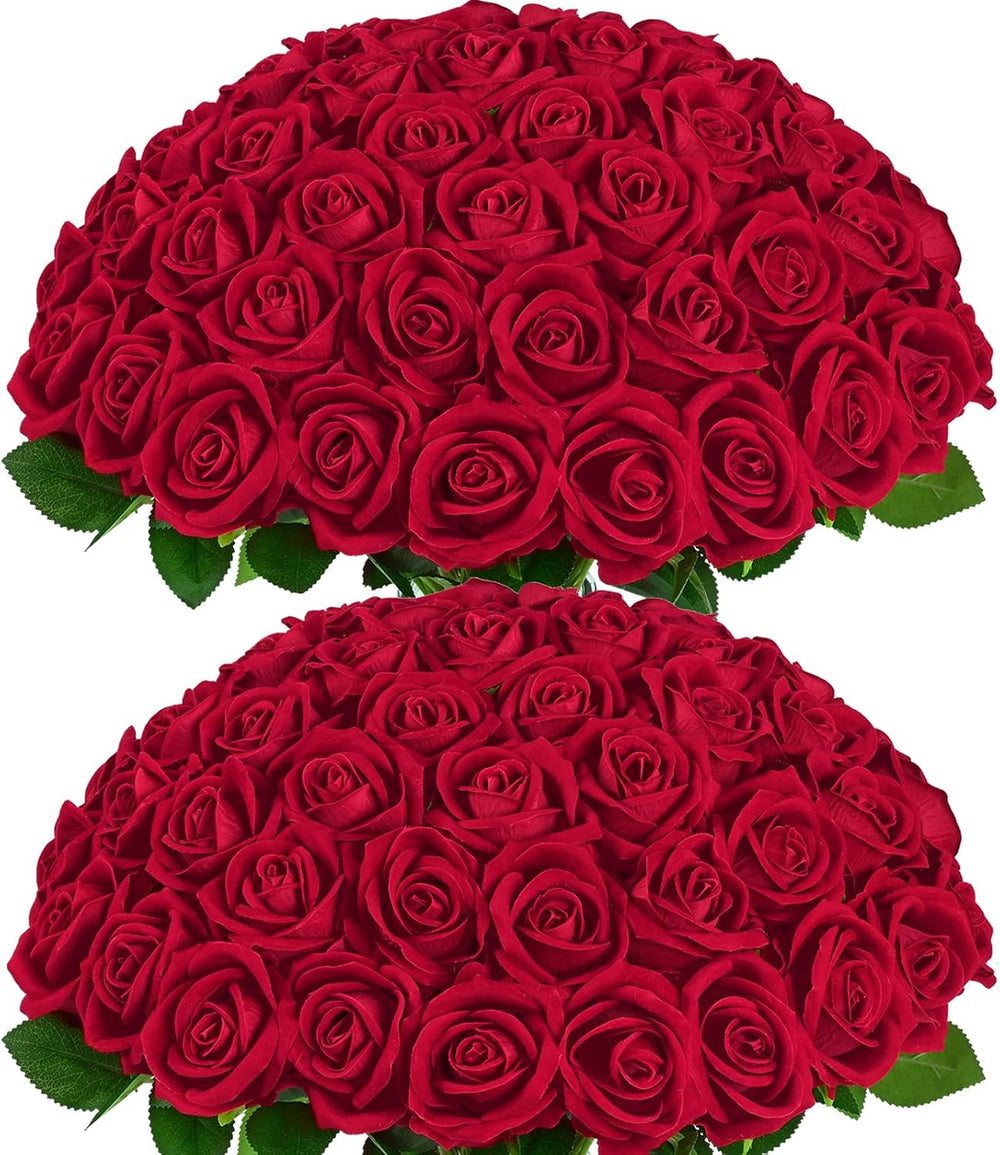 50Pcs Red Roses Artificial Flowers, Real Touch Velvet Fake Roses Bouquet