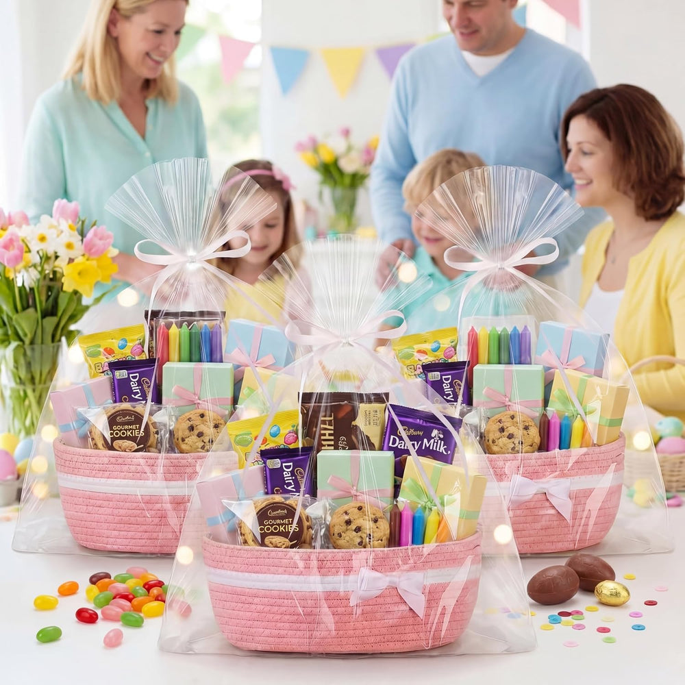 Foldtier 8 Pack Christmas Woven Gift Baskets with Handles, pink