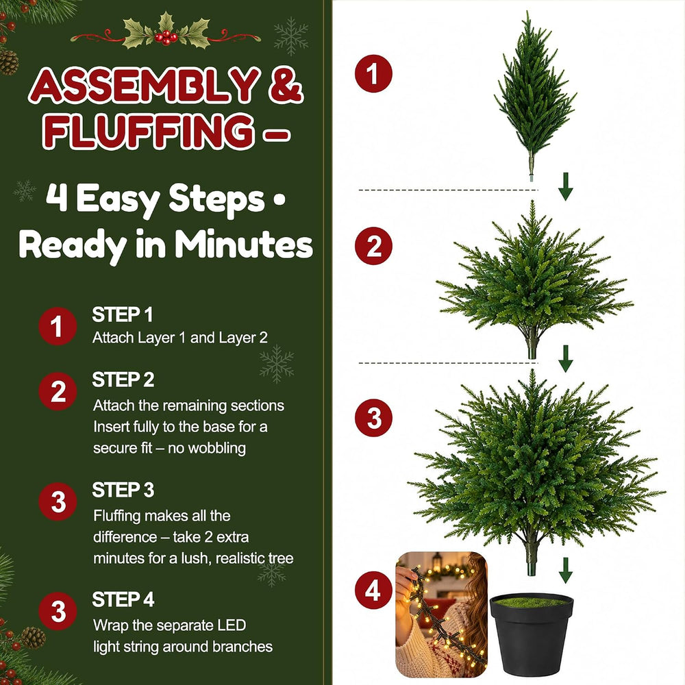 2Pcs 4FT Norfolk Pine Tree with Lights, Christmas Tree for Xmas Decor