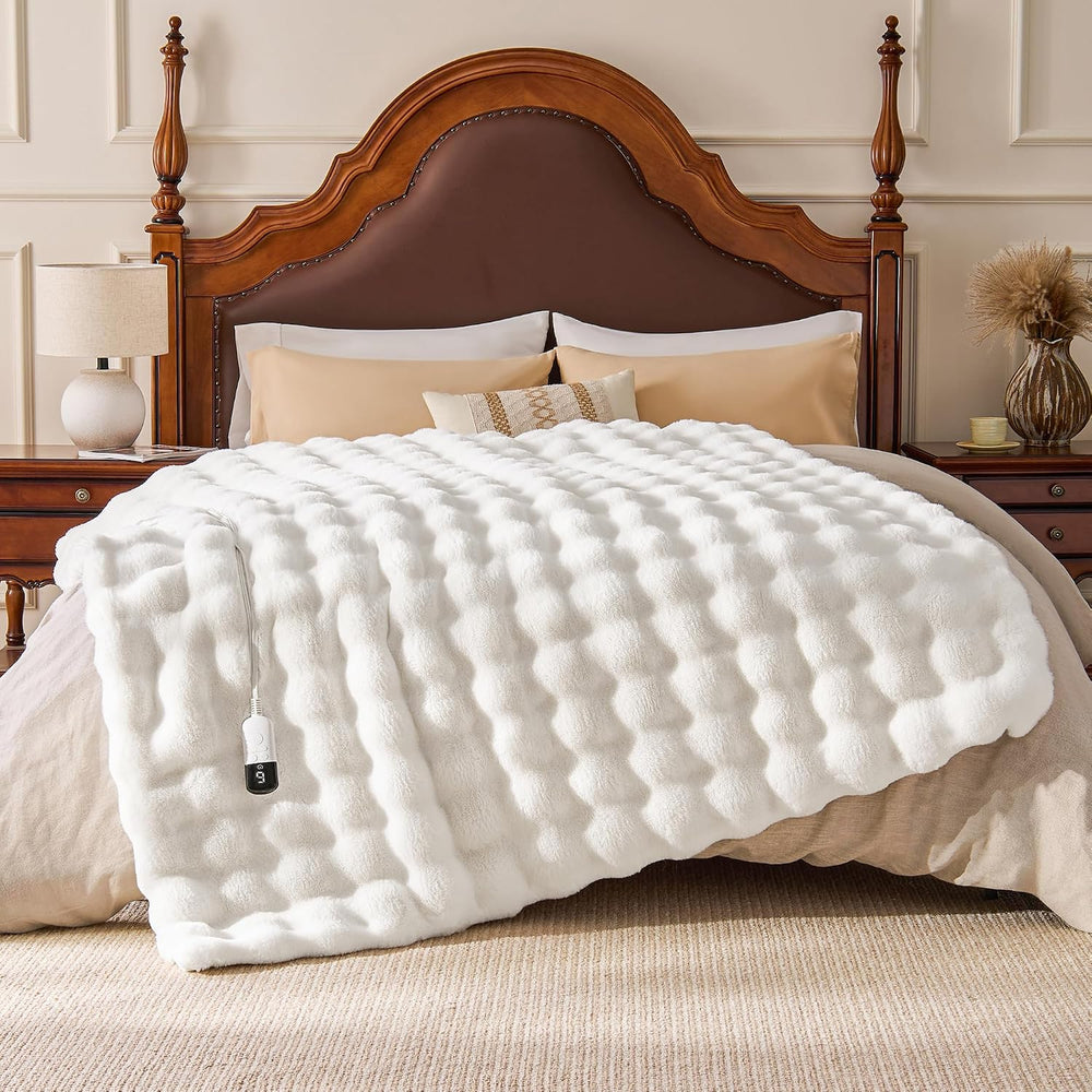 Faux Fur Cozy Heated Blanket Twin Size,White,62"x84"
