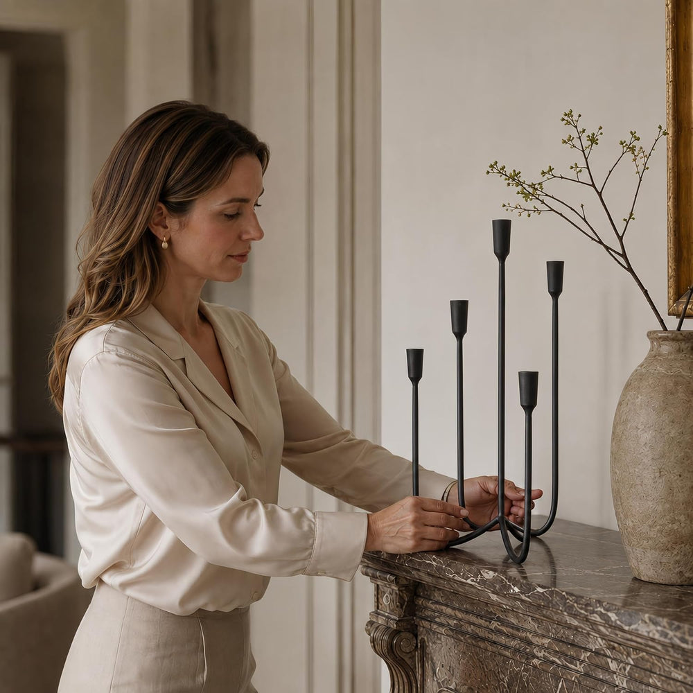 Black 5 Arm Candelabra Candle Holder, Metal Taper Candle Stand