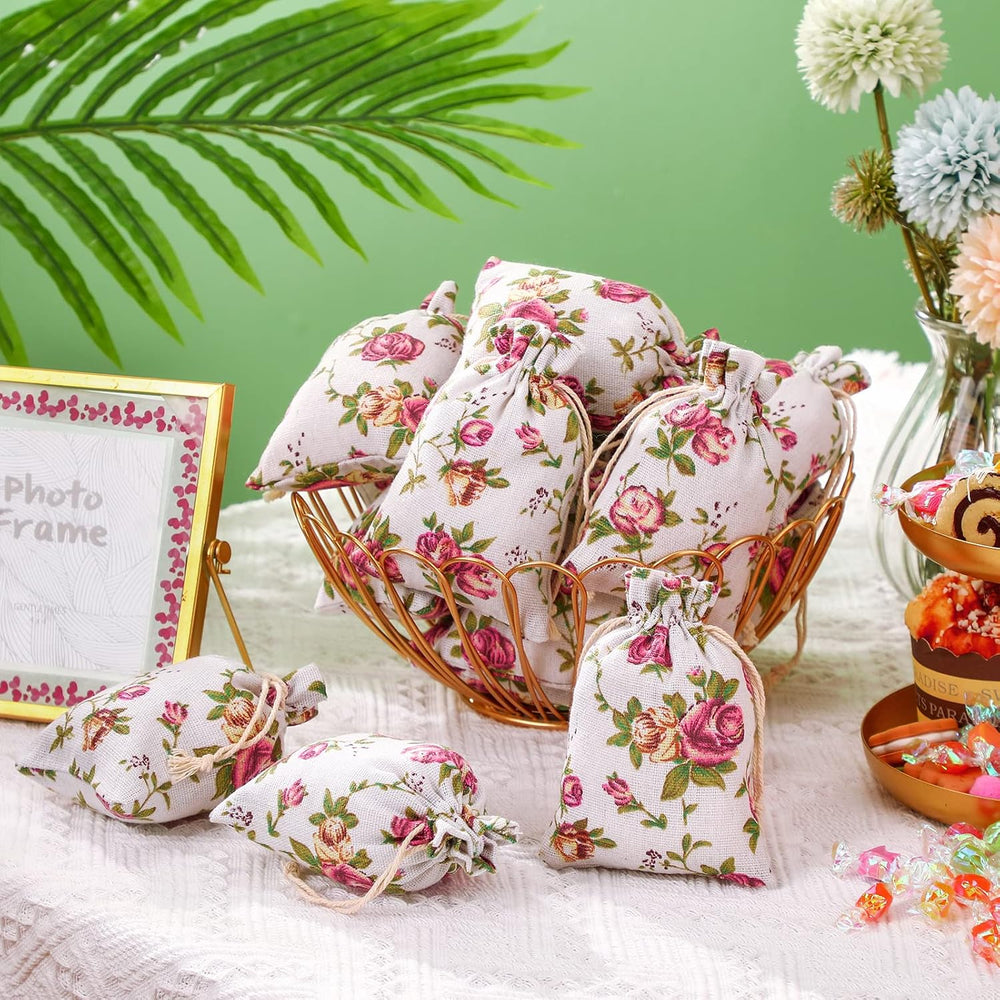 Pangda 100 Pcs Floral Burlap Drawstring Bags Small Rose Pouches for Jewelry