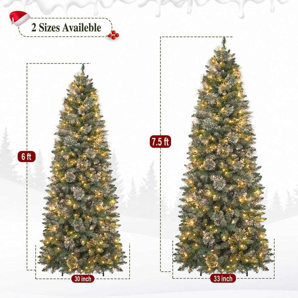 7.5FT Artificial Hinged Prelit Slim Christmas Tree, Pine Needles