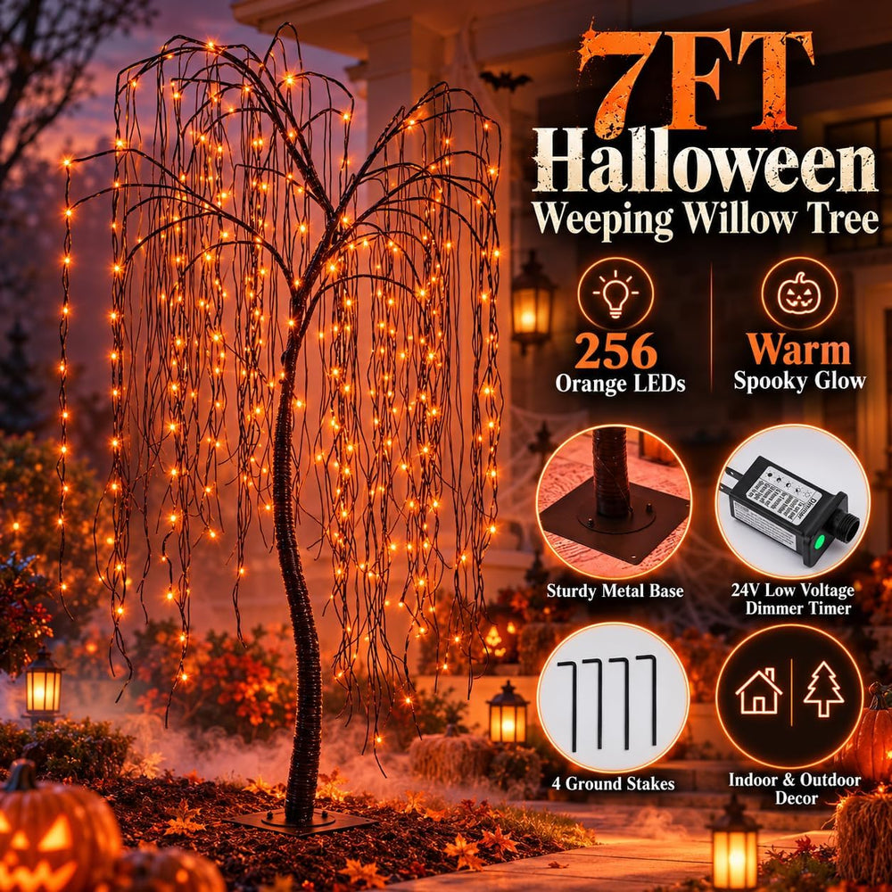7 FT Halloween Lighted Willow Tree 256 LED Orange Lights Artificial Weeping W...