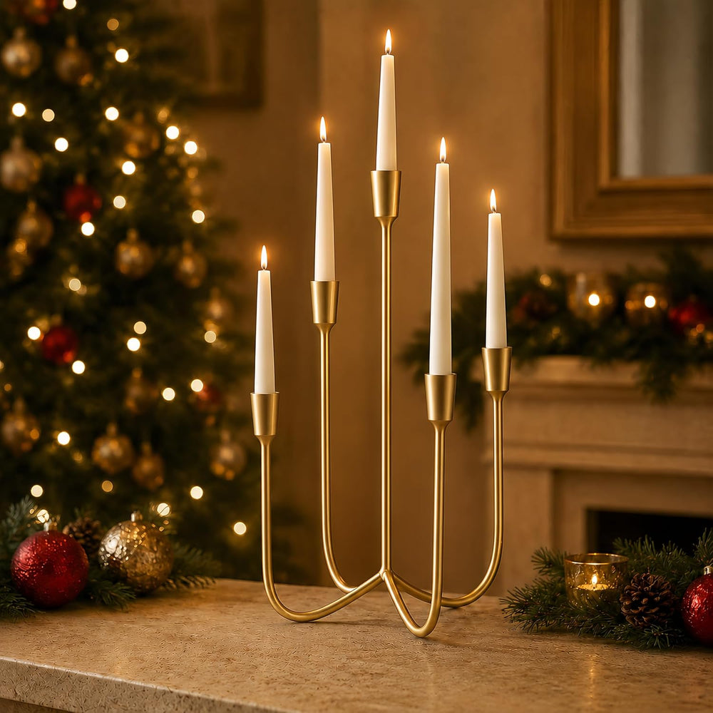Gold 5 Arm Candelabra Candle Holder, Metal Taper Candle Stand