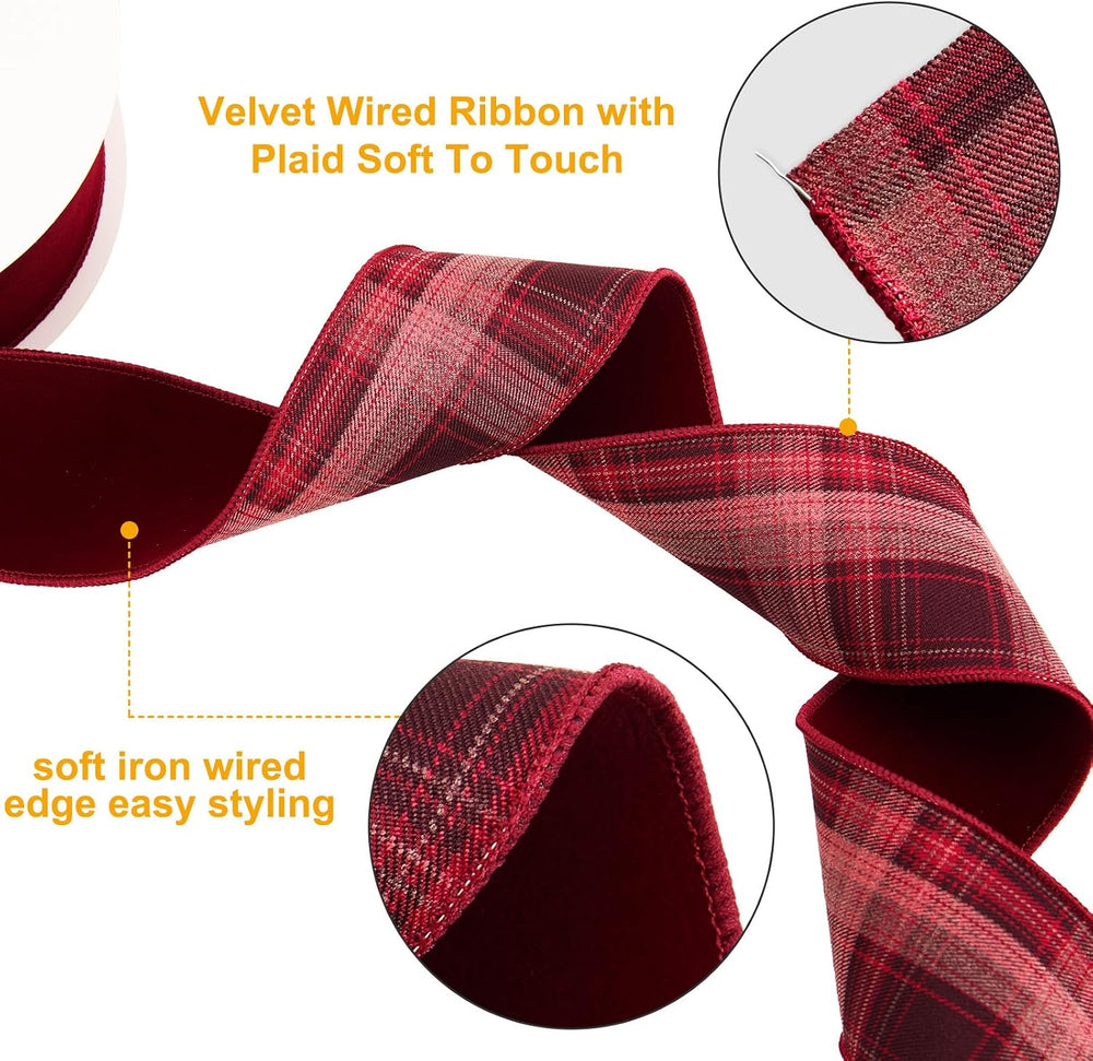 Burgundy Velvet Wired Ribbon with Plaid 4 Inch 10 Yards, Double Sided Christm...