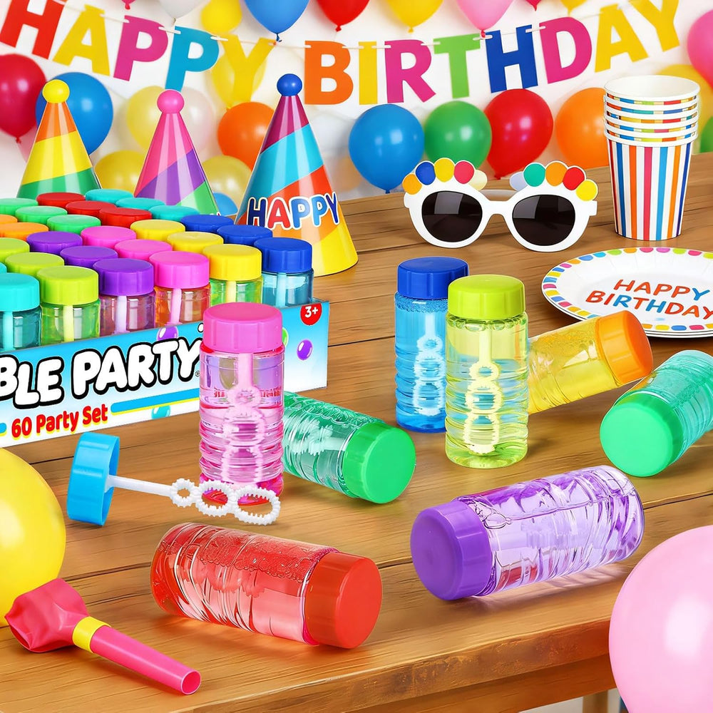 60 Pcs Neon Bubble Solution Bottles Bulk, Lid Attached Wands Party Favor