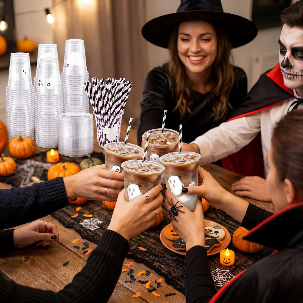 Jingmore 50 Set Halloween Ghost Lattes Plastic Cup 16 oz with Lid and Straw