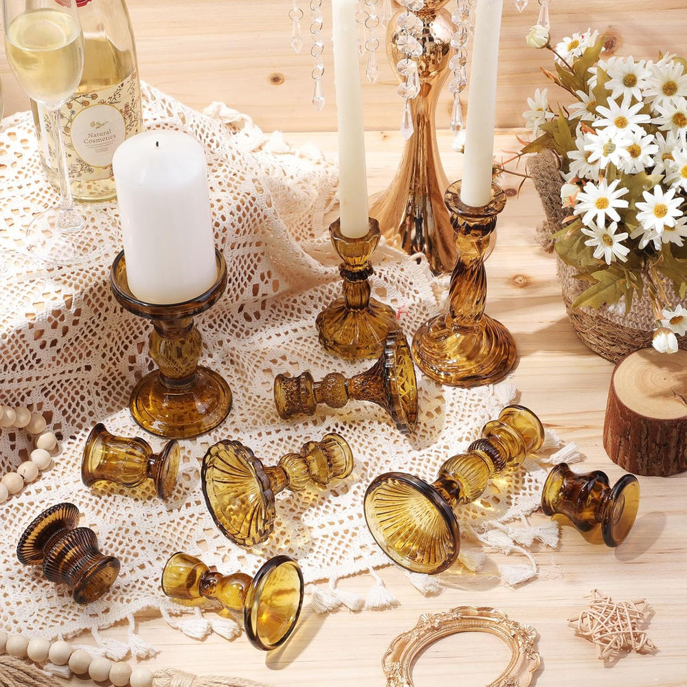 Mumufy 10 Pcs Glass Taper Crystal Candle Holders,Classic,Brown