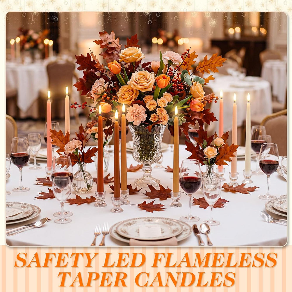 Baquler 24 Pcs 11'' Fall Flameless Taper Candles Brown LED Candlesticks