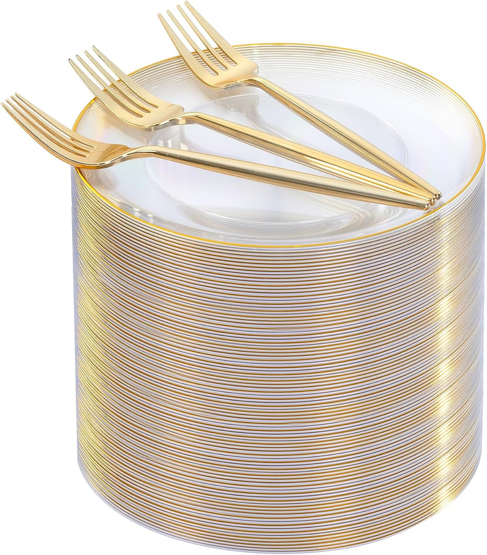 200Pcs Clear Gold Dessert Plates With Plastic Gold Forks, 100pcs 7.5inch Plat...